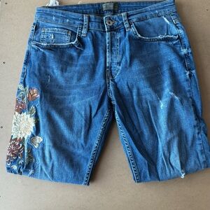 Men's Blue Denim Shorts with Floral Embroidery
